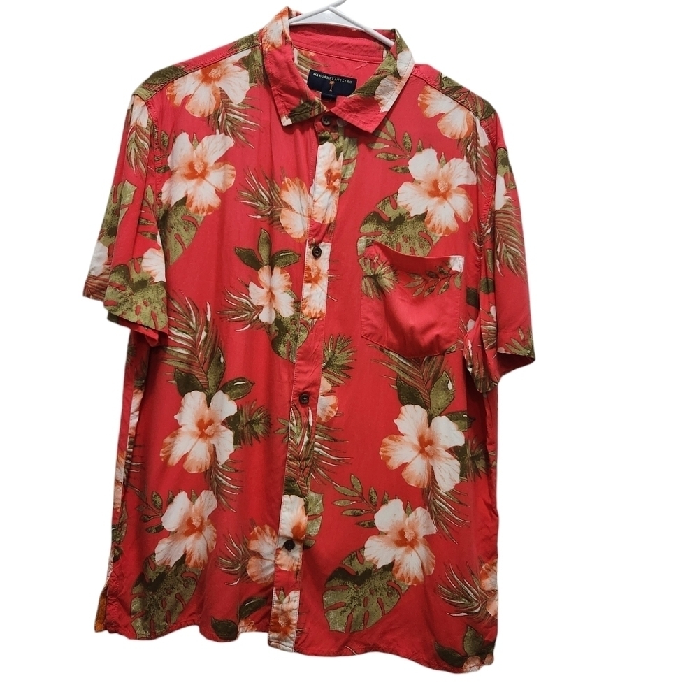 Margaritaville Red Pink Hibiscus Aloha Button Down Hawaiian Vibe Size M Vacation